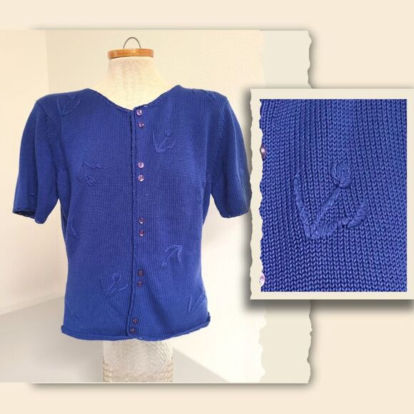 Vtg Pendleton Embroidered Blue Button Short Sleeve Granny Cardigan MEDIUM Bright - Picture 1 of 8